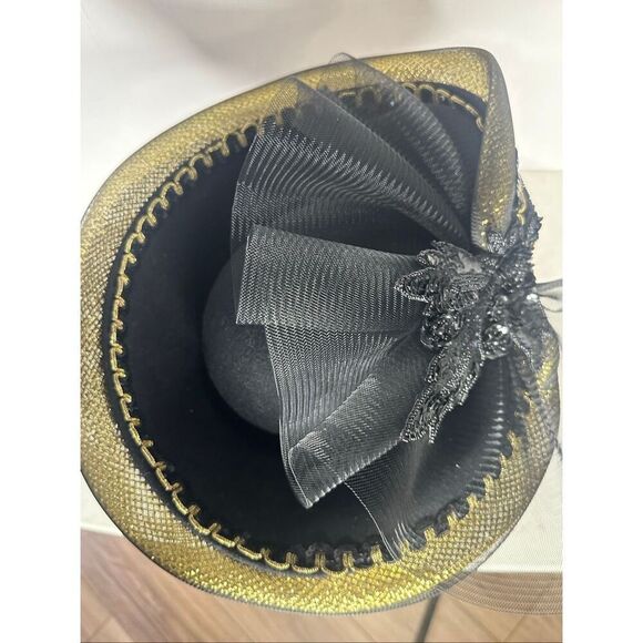 Vintage Black & Gold Embellished Mesh Head Turner Glamour Hat main image 4